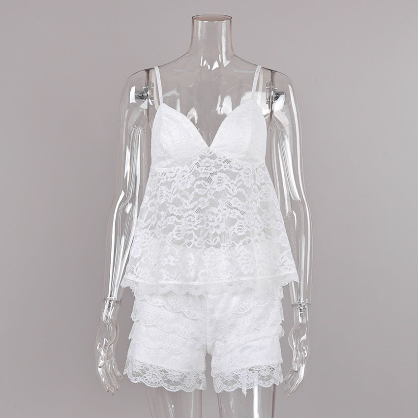 Solid Color Lace Beauty Back Camisole Lace Shorts Two Piece Pajamas Women Summer Home Wear