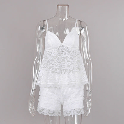 Solid Color Lace Beauty Back Camisole Lace Shorts Two Piece Pajamas Women Summer Home Wear