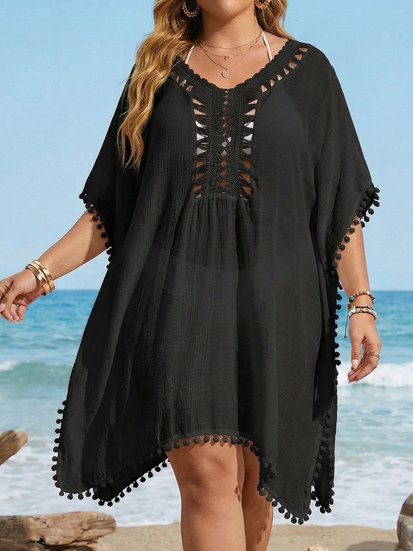 Women Beach Vacation Blouse Crochet Stitching Tassel Split Dress Bikini Cover up