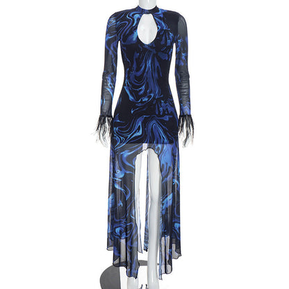Women Clothing Autumn Printing Color Contrast Mesh Plush Long Sleeve Hollow Out Cutout-out Slim Fit Maxi Dress