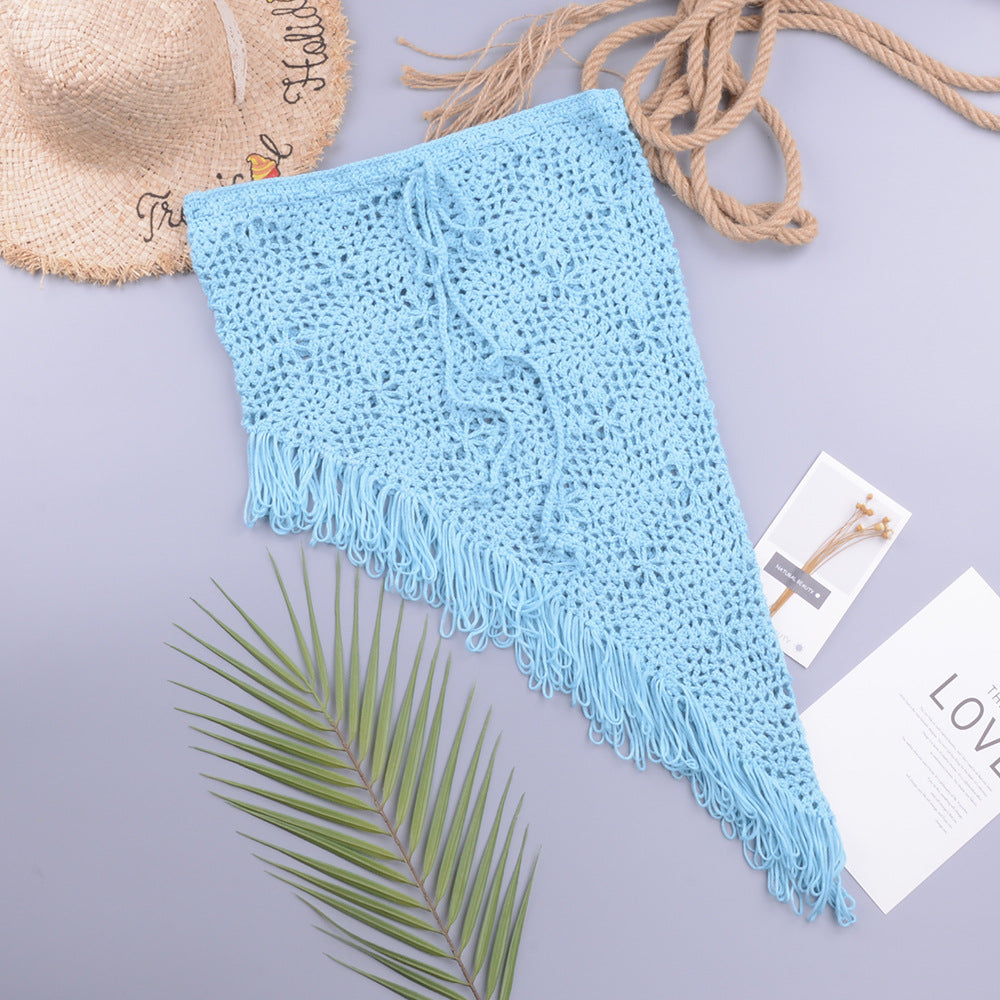 Spring Summer Women Clothing Sexy See-through Hollow Out Cutout Knitted Dress Open Oblique Tassel Beach Skirt