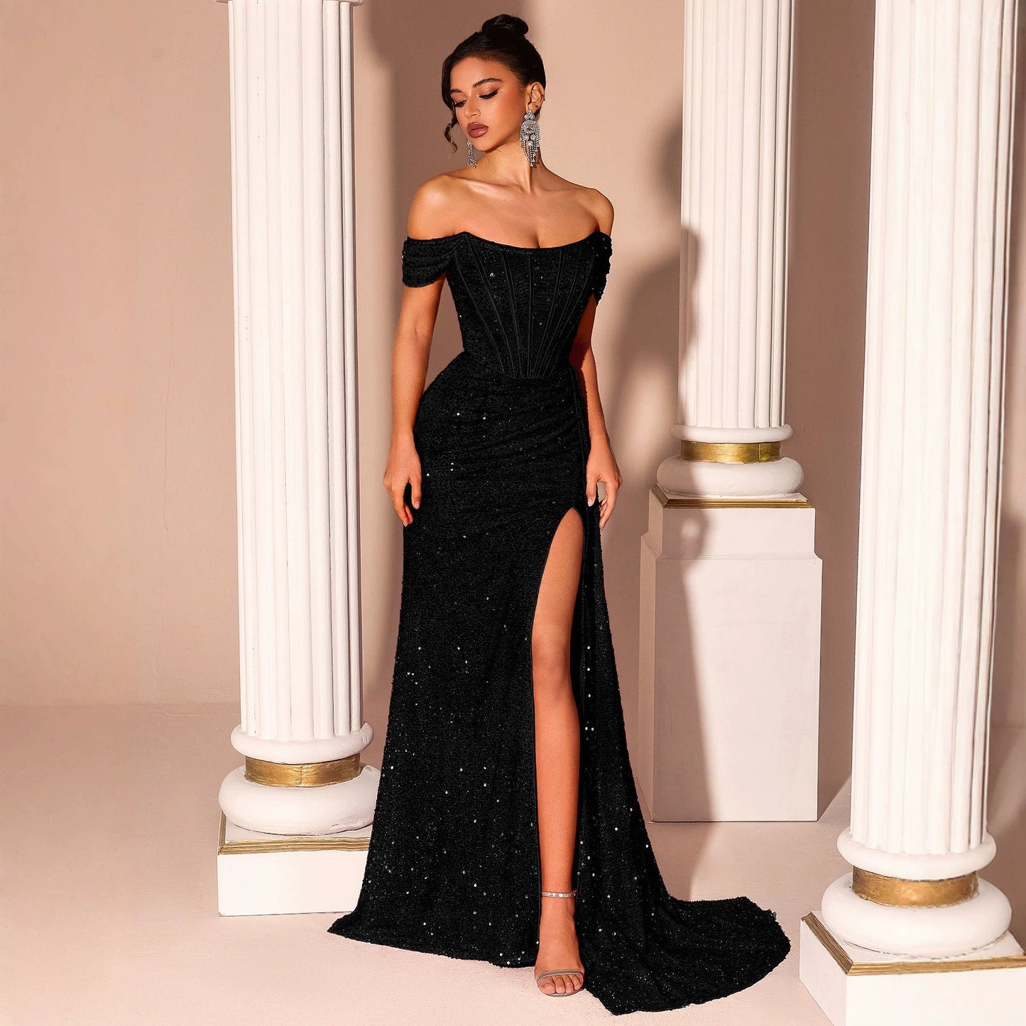 Strapless Black Evening Dress Sequined Slim Fit Slimming Fishtail Bridal Toast Dress Cocktail Evening Dress