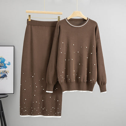 Fall Winter High Waist Loose Slimming Heavy Industry Beads Knitted Top Half Length Two Piece Sets