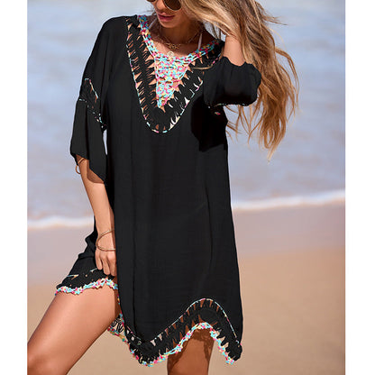 Holiday Color V neck Hollow Out Cutout Hand Crocheting Stitching Irregular Asymmetric Dress Long Sleeve Backless Lace up Blouse Women