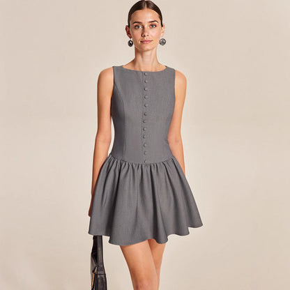 Summer Women Sleeveless Casual Button A line Dress Ruffled Elegant Mini Dress