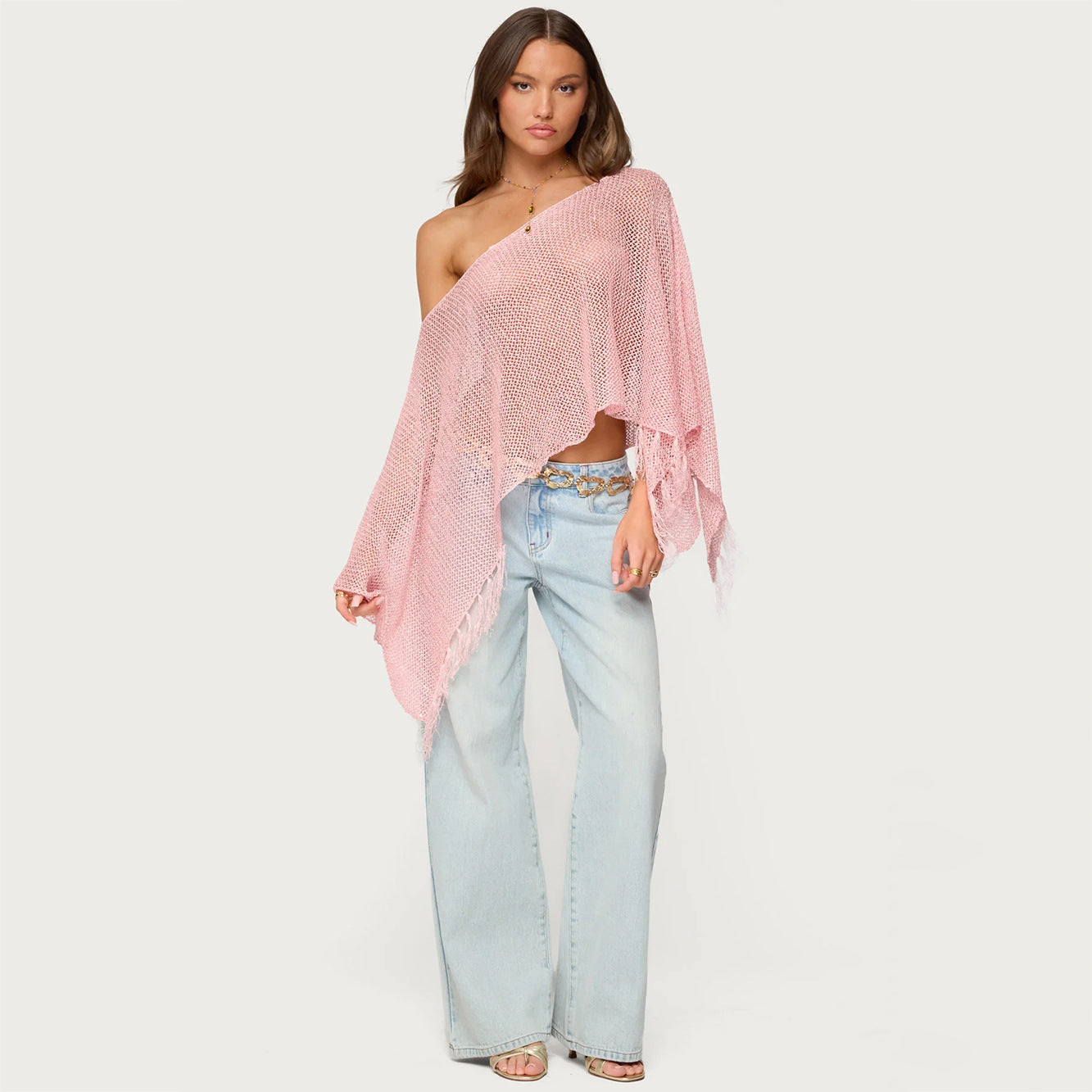 Summer Sexy Hollow Out Cutout out Sexy Diagonal Collar Inverness Irregular Asymmetric Design Knitted Blouse