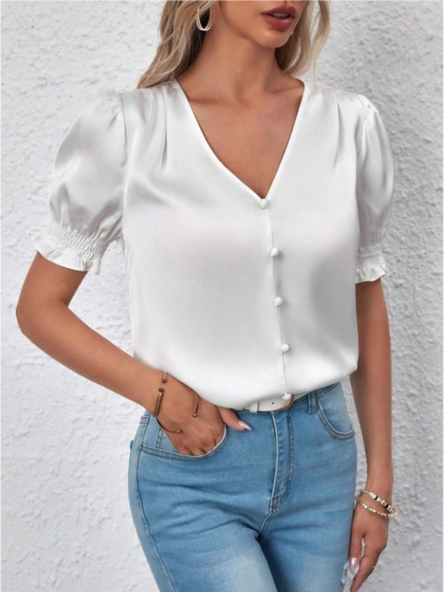 Satin V neck Buttons Shirt Spring Autumn French Casual Short Sleeve Ruffle Blouse