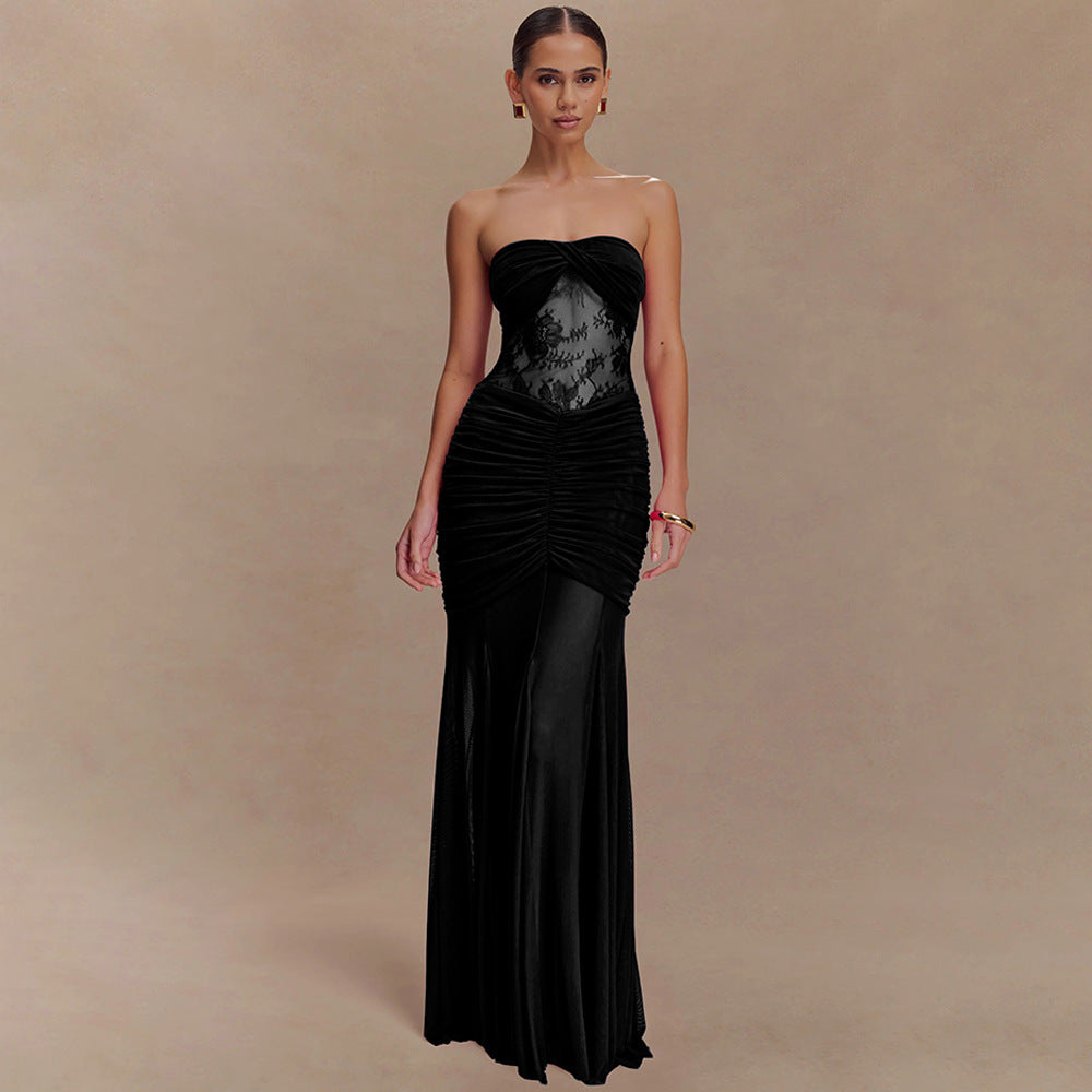 Summer Sleeveless Tube Top Dress Sexy Pleated Hollow Out Cutout Slim Dress for Women