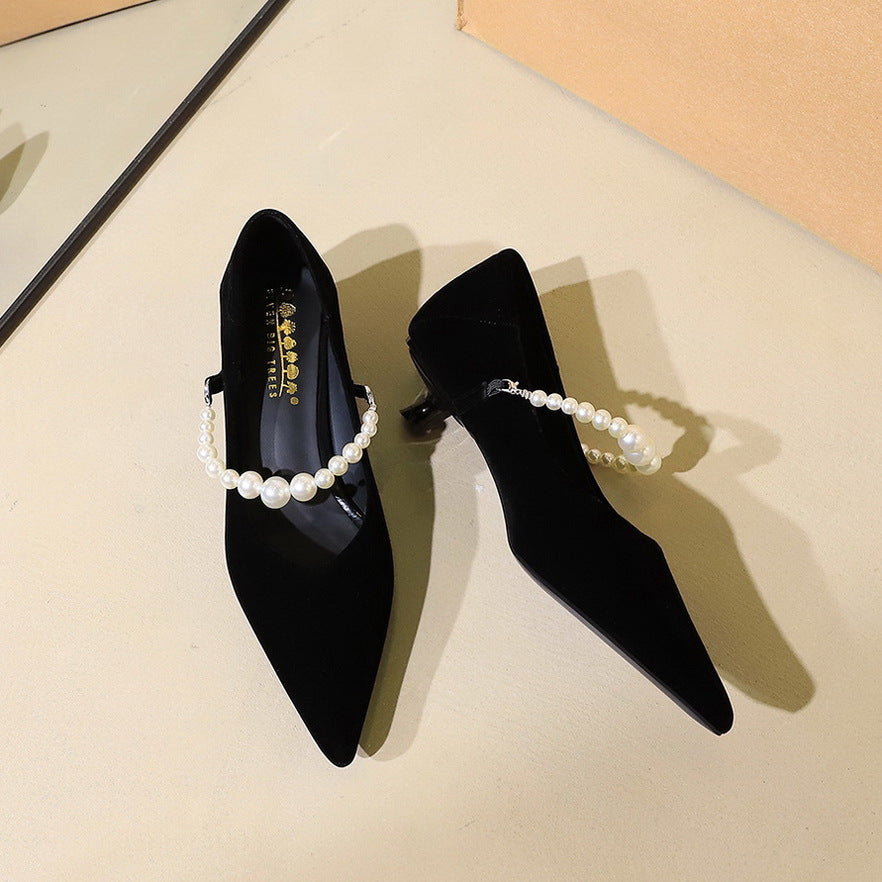 French Pointed Toe Mary Jane Shoes Women Ankle Strap Stilettos Pearl All Match Suede Small Single Layer Shoes