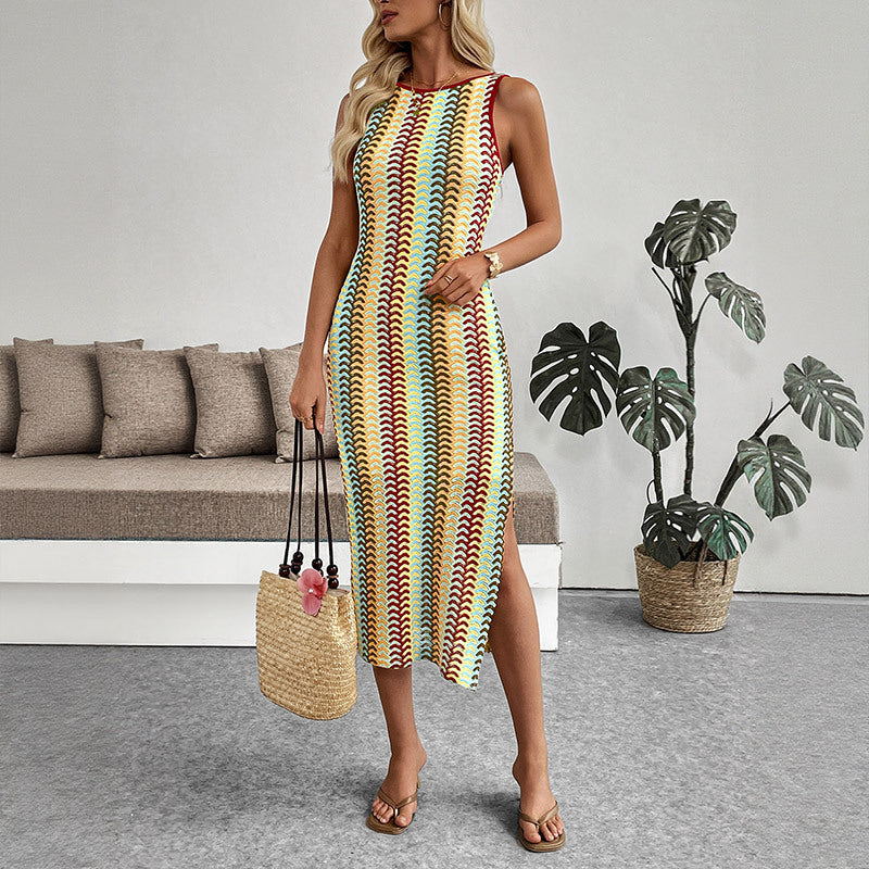 Ethnic Vacation round Neck Striped Contrast Color Sleeveless Sheath Dress