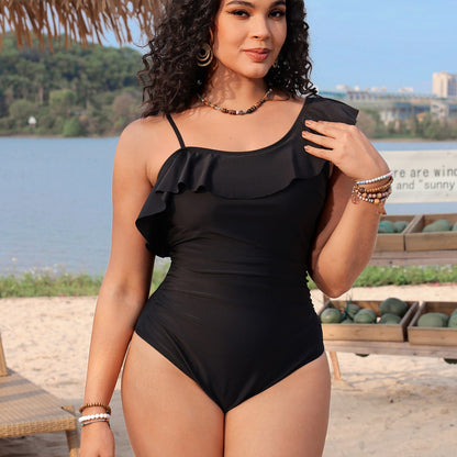 Sexy One Shoulder Lace Pleating One Piece Swimsuit