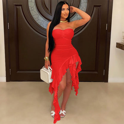Tube Top Irregular Asymmetric Dress Solid Color Ruffles Dress Women Sheath