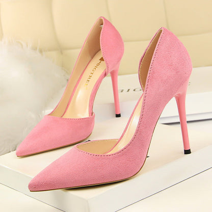 Simple Stiletto Heel Suede Shallow Mouth Pointed Toe Sexy Nightclubs Thinner Side Hollow Out Cutout Pumps