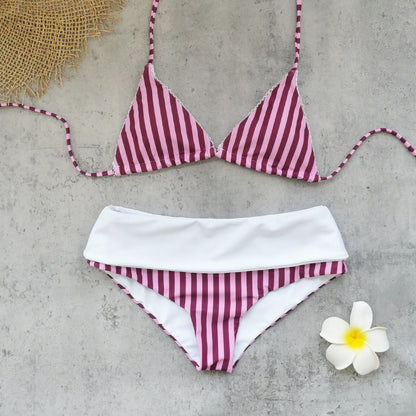 Striped Printed Sexy Backless Lace up Three Point High Waist Bikini Split Swimsuit for Women