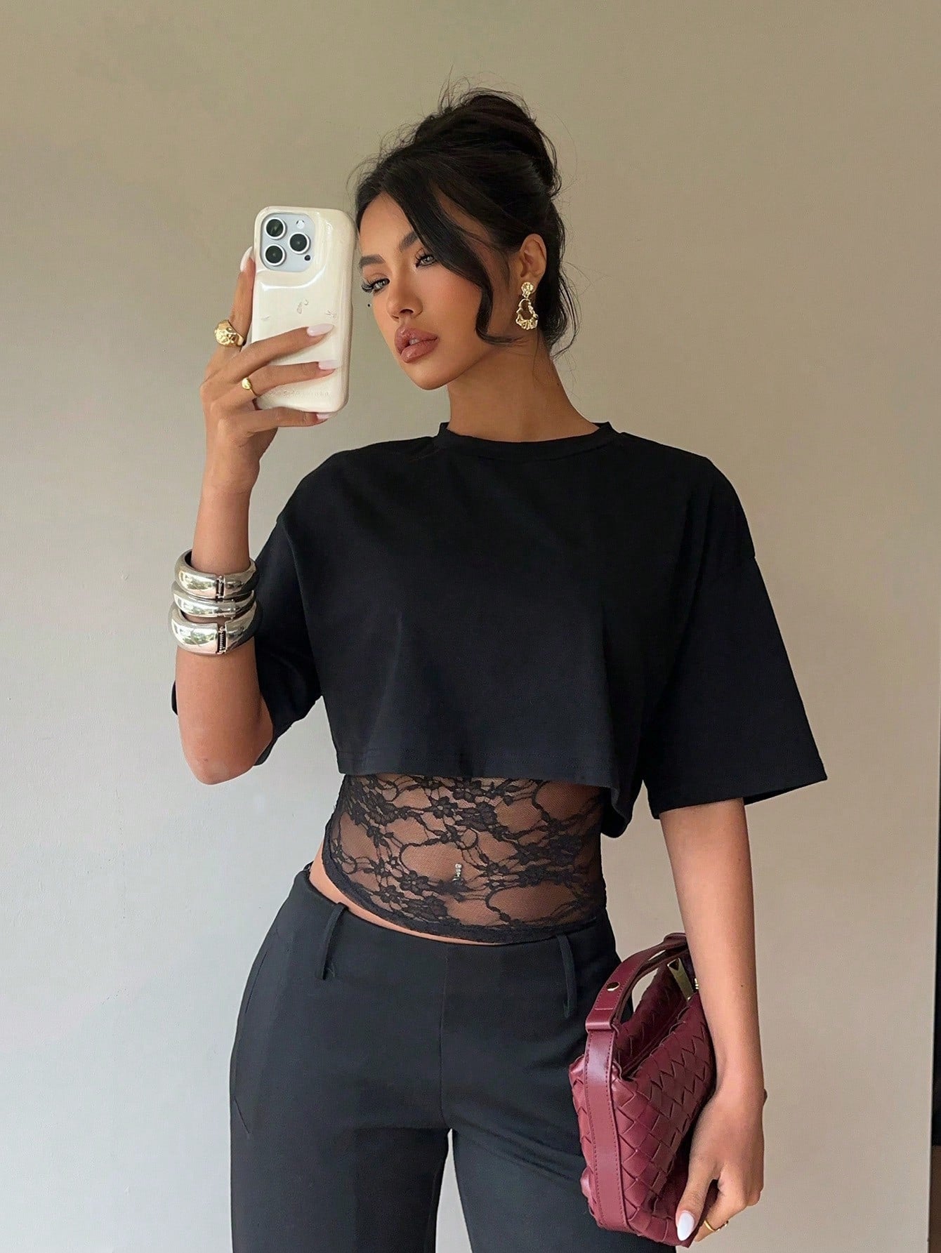 Summer Faux Two Piece Lace Slim Fit Patchwork Hollow Out Cutout Sexy Short Sleeve Women T Shirt Tops
