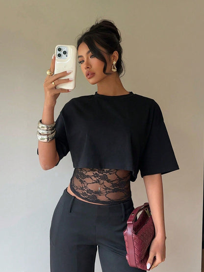 Summer Faux Two Piece Lace Slim Fit Patchwork Hollow Out Cutout Sexy Short Sleeve Women T Shirt Tops