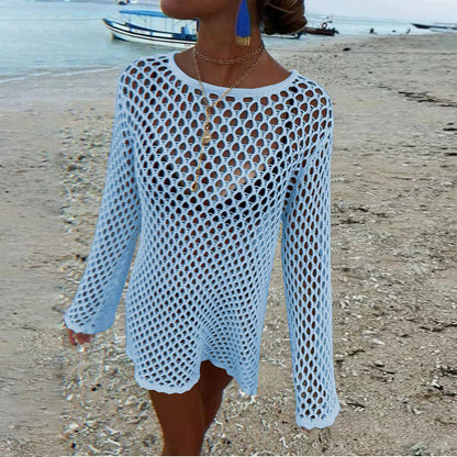 Knitted Hollow Out Cutout Sexy Sun Protection Shirt Bikini Cover-up Women Swimsuit Blouse Vacation Beach Outer Pullover