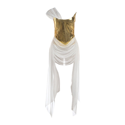 Spring Women Clothing Golden Bright Surface Mesh Stitching Ribbon Sexy Dress