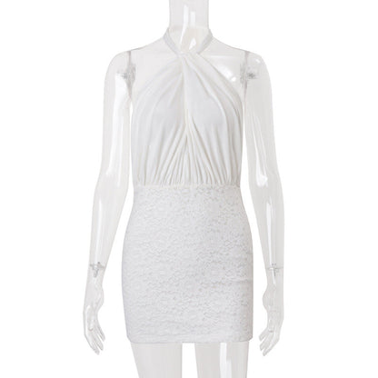 Women Clothing Summer Sexy Backless Cross Halterneck Lace up Sexy Slim Sheath Dress