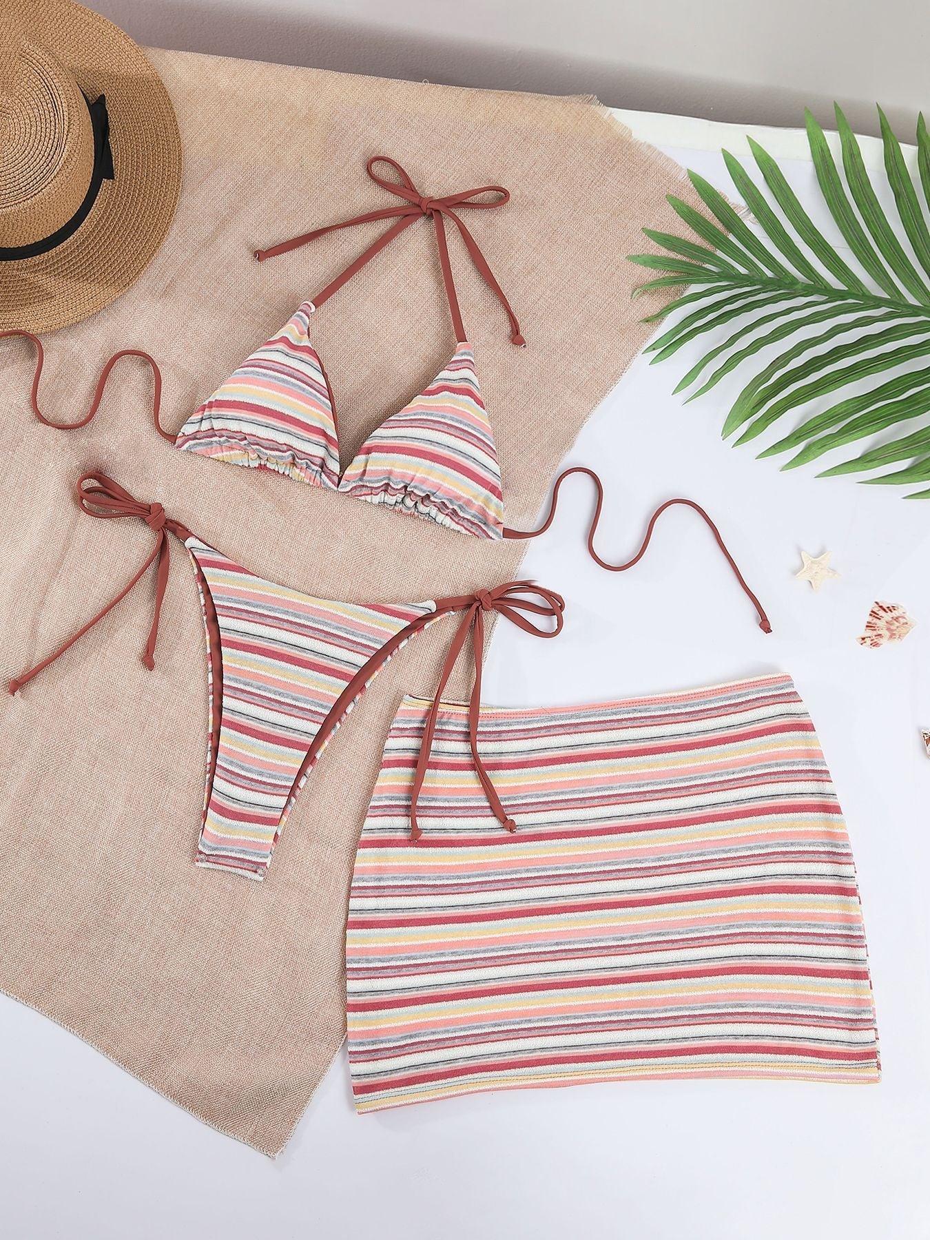 Fresh Color Striped Bikini Swimsuit Overskirt