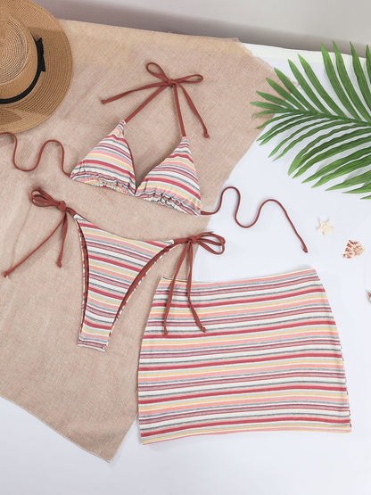 Fresh Color Striped Bikini Swimsuit Overskirt