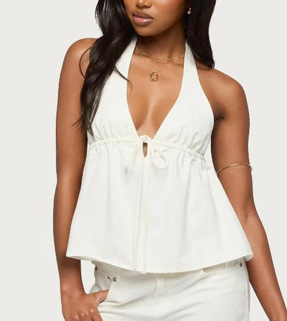 Women Clothing Sexy Dark Halter Lace up Deep V Plunge Denim Top Vest