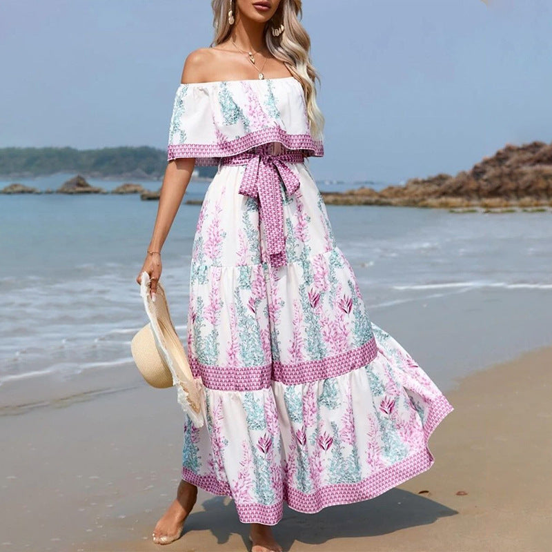Spring Summer off Shoulder Printing Long Large Hem Dress