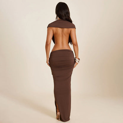 Women Clothing Summer Solid Color Casual Sleeveless Halter Backless Slim Fit Sheath Maxi Dress
