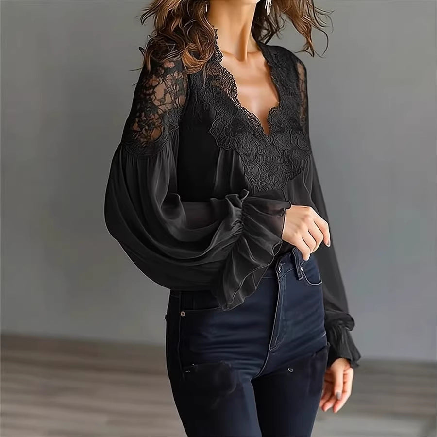 Women Lace Stitching Puff Sleeve Pleated Shirt