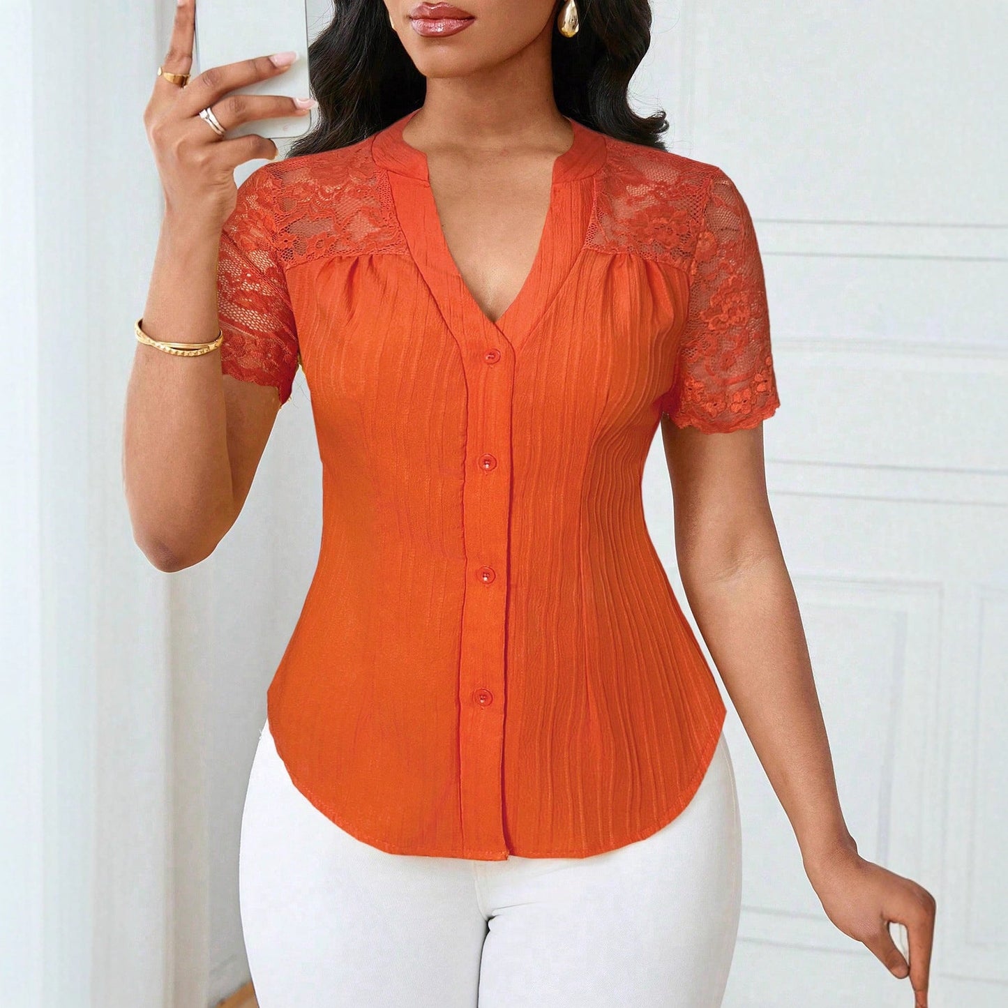 All Match Single Breasted Solid Color Slim Fit Embroidery Hollow Out Cutout Short Sleeve Top