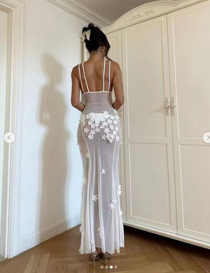 Women V neck Lace Stitching Sleeveless Waist Hollow Out Cutout Lace Dress