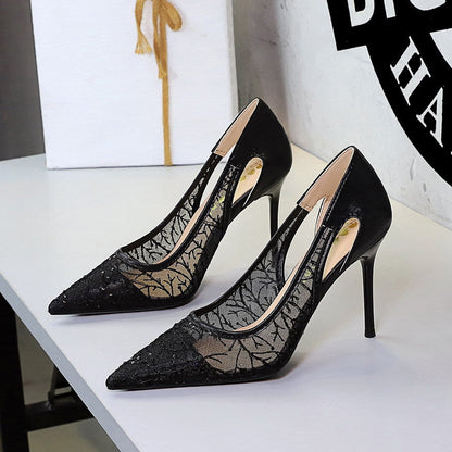 Design Hollow Out Cutout Lace Mesh Super High Heel Women Shoes Slip on Cocktail Pointed Toe Pumps Women Shoes