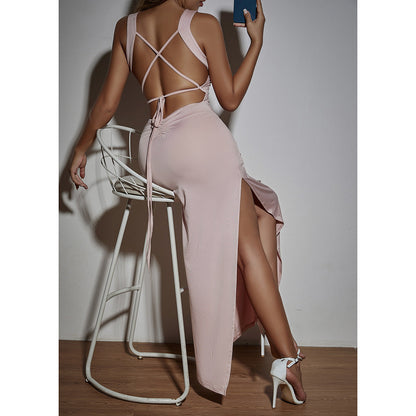 Party Sexy Backless Cross Strap Split Maxi Dress Elegant High-Grade Cami Dress for Women