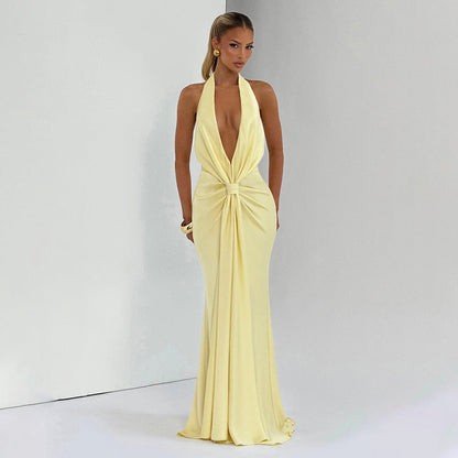 Autumn Winter Women Solid Color Deep V Plunge neck Halter Ribbon Pleated Sexy Backless Elegant Dress for Women