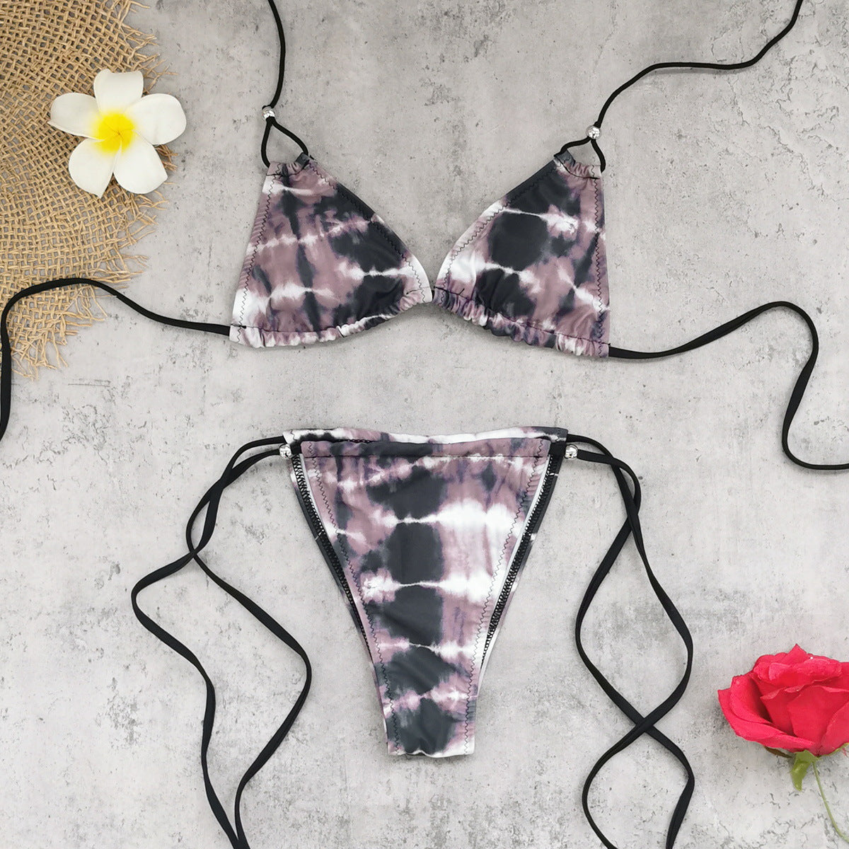 Three Point Bikini Sexy Backless Lace up Low Waist Gradient Printing Split Swimsuit Women Bikini