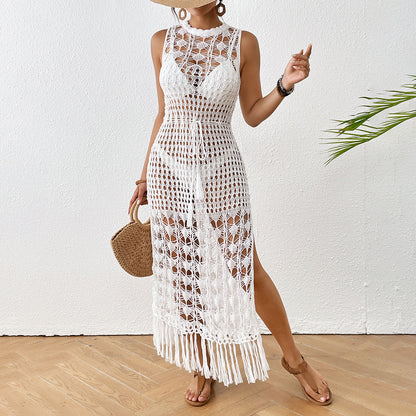 Women Cover up Hollow Out Cutout Floral Beach Dress Waist Trimming Lace up Tassel Maxi Dress Beach Dress