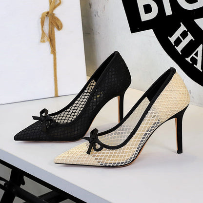 French High Heels Bow Pointed Shallow Mouth Mesh Lace Stiletto Heel Slip on Pumps Women