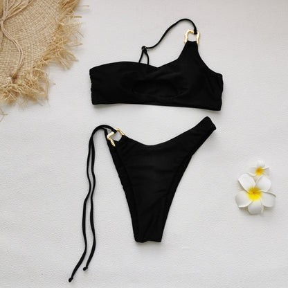 Pure Black Unilateral Strap Sexy Cutout Triangle Bikini Split Swimsuit Women