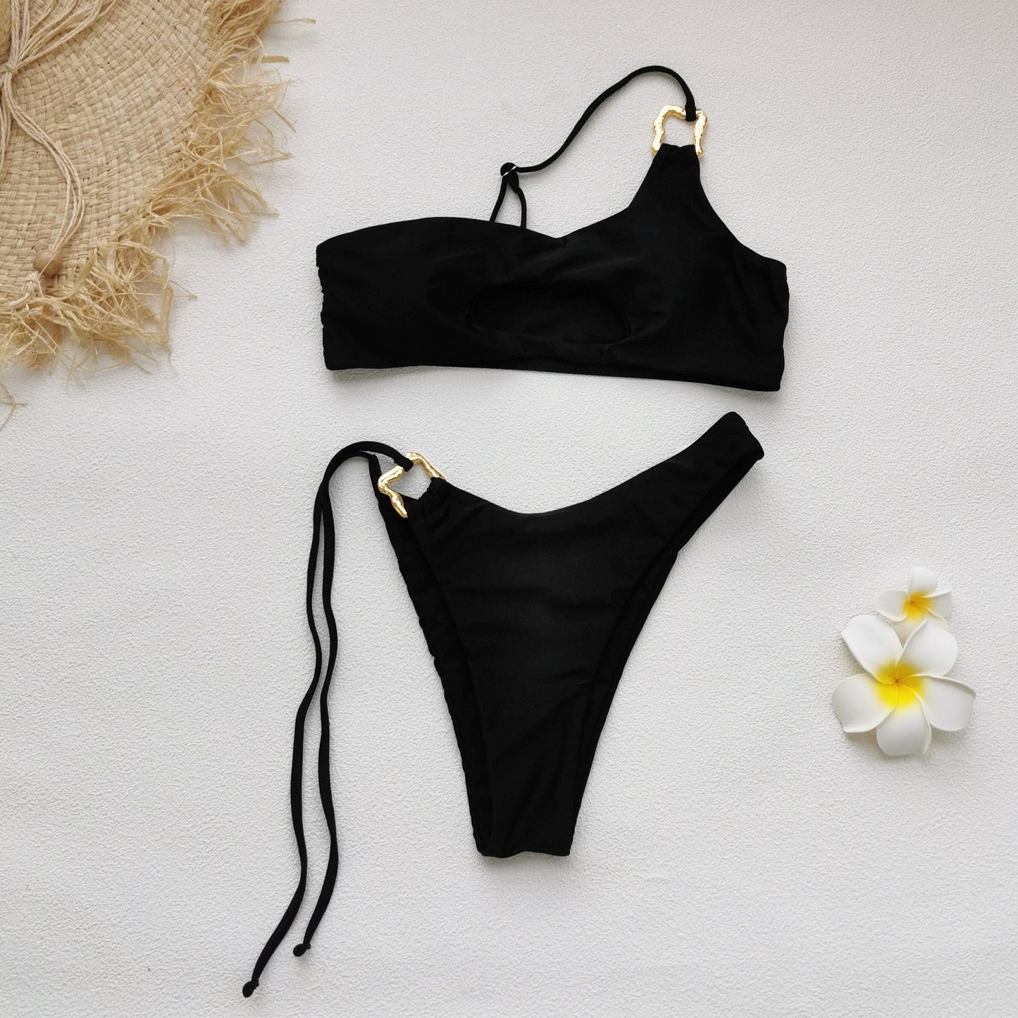 Pure Black Unilateral Strap Sexy Cutout Triangle Bikini Split Swimsuit Women