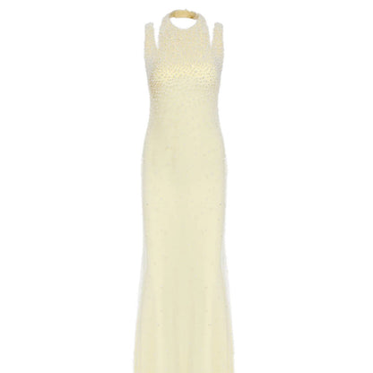 Pearl Tassel off the Shoulder Fishtail Dress Heavy Industry Beads Slim Slimming Dinner Dress for Women