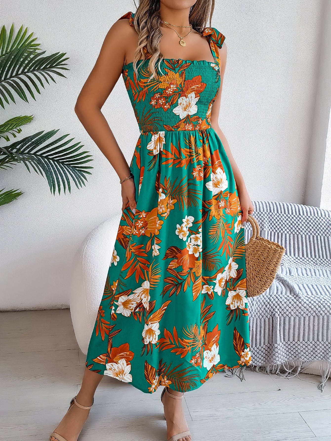 Spring Summer Printing Lace up Waist Dress Vacation Beach Dress Women Clothing