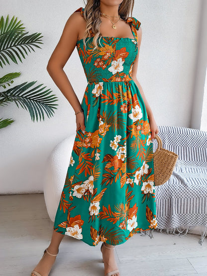 Spring Summer Printing Lace up Waist Dress Vacation Beach Dress Women Clothing