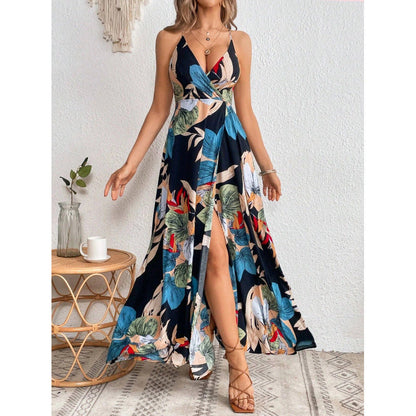 Real Shot Tropical Printing Thigh Fork Sling Dress