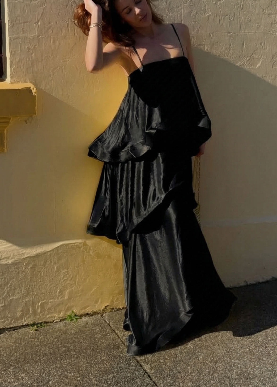 Spring Summer Satin Sling Multi Layer Dress Casual Loose Vacation Dress