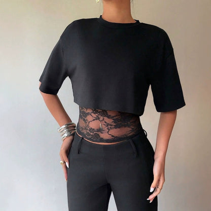 Summer Faux Two Piece Lace Slim Fit Patchwork Hollow Out Cutout Sexy Short Sleeve Women T Shirt Tops