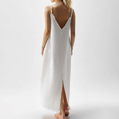 Women Clothing Fashionable Simple Casual Suspender Cotton Champray White V Collar Split Dress