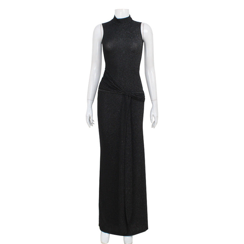 Sleeveless Half Turtleneck Sexy Bright Silk Stitching Ribbon Slim Fit Elegant Dress