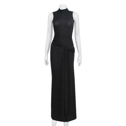 Sleeveless Half Turtleneck Sexy Bright Silk Stitching Ribbon Slim Fit Elegant Dress
