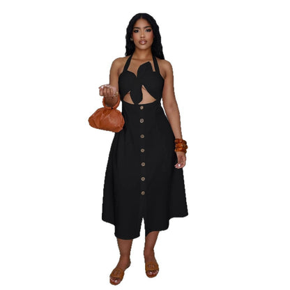 Elegant Office Solid Color Twist Decoration Smocking Halter Tied Dress