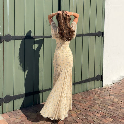 Summer French Elegant Floral Lace V neck Dress Wave Idyllic Vacation Asymmetric Skirt